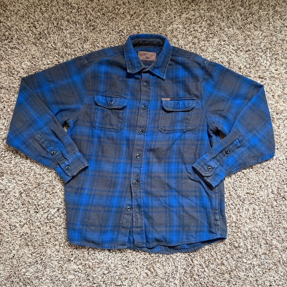 Orvis Heavy Flannel Shirt Long Sleeve Button Front Blue & Grey Plaid Mens Medium